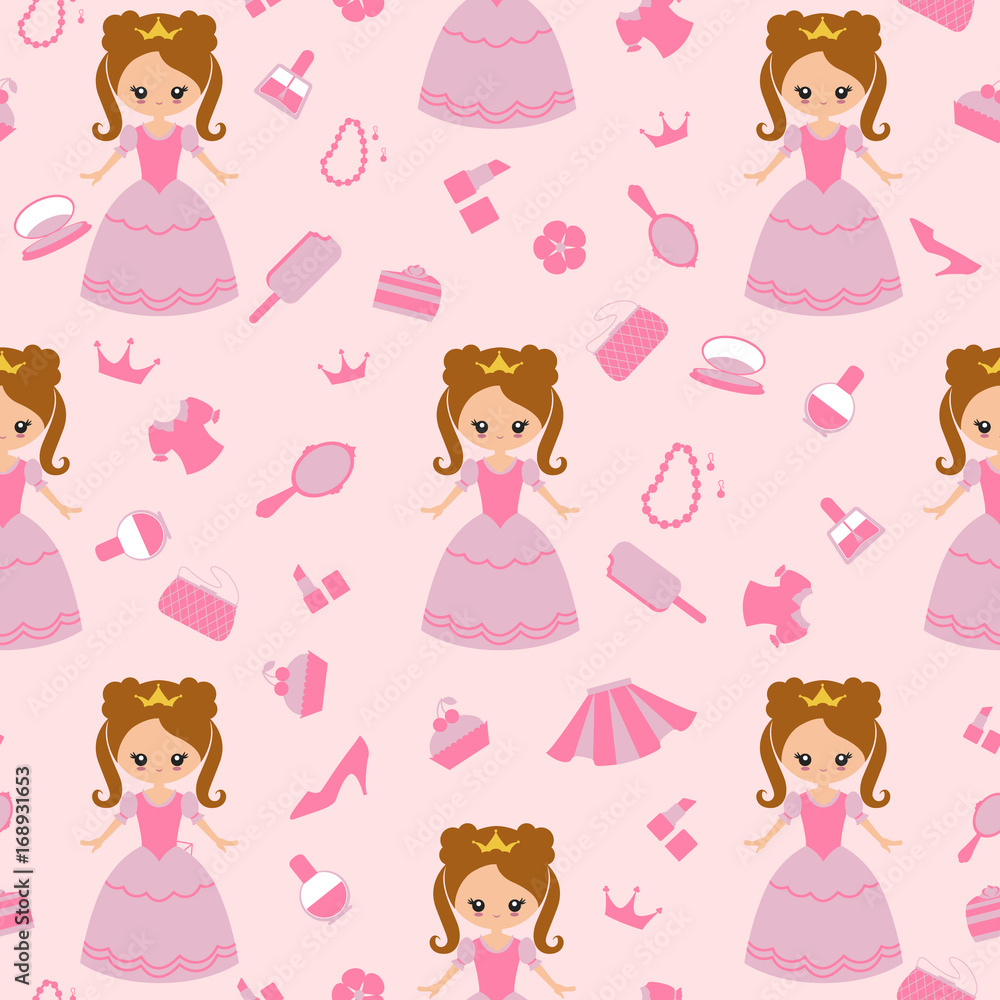 Seamless baby pattern of Princess and accessories for girls: necklace, earrings, skirt, blouse, nail Polish, perfume, purse, powder box, mirror, lipstick, flower, crown, slipper, cake Seamless baby pattern of Princess and accessories for girls: necklace, earrings, skirt, blouse, nail Polish, perfume, purse, powder box, mirror, lipstick, flower, crown, slipper, cake