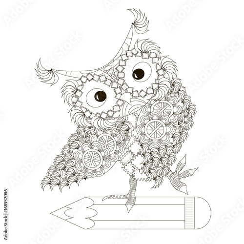 Monochrome sketch of an owl on pencil, school stock vector illustration