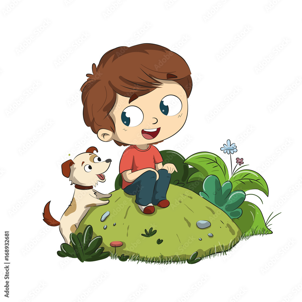 Niño con un perro. Sentado en el parque con su mascota vector de Stock ...