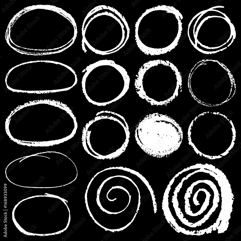 set of vector illustration of hand drawn chalk circles isolated on black background