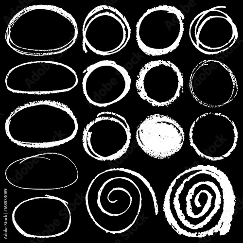 set of vector illustration of hand drawn chalk circles isolated on black background