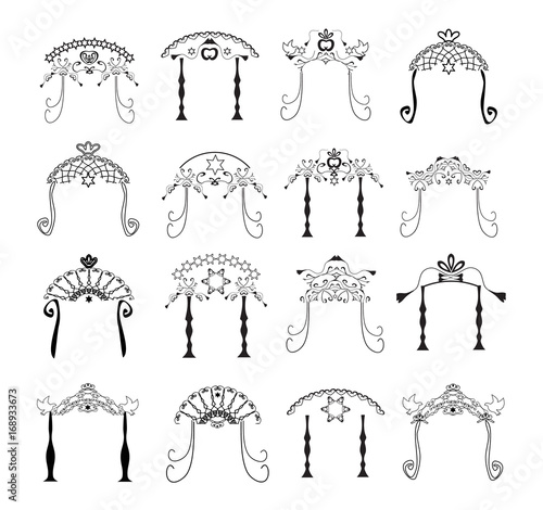 Set of vintage graphic Chuppah. Religious Jewish wedding canopy for. Vector illustration on isolated background