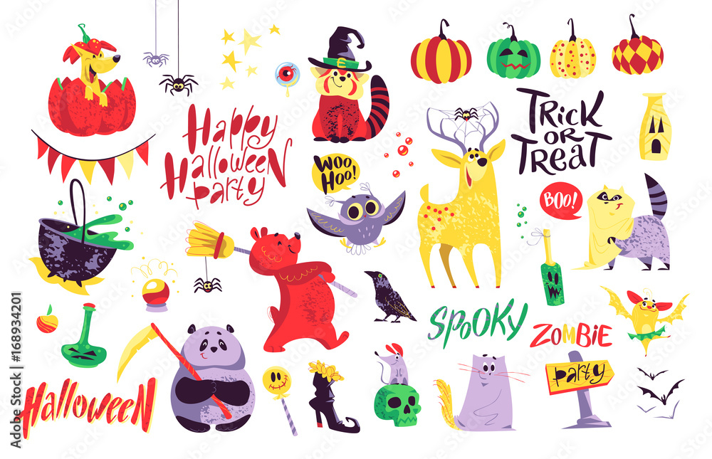 Collection of flat vector halloween traditional decoration elements isolated on white background. Funny spooky animals in costumes. Good for party invitation, flyer, poster, packaging designs.