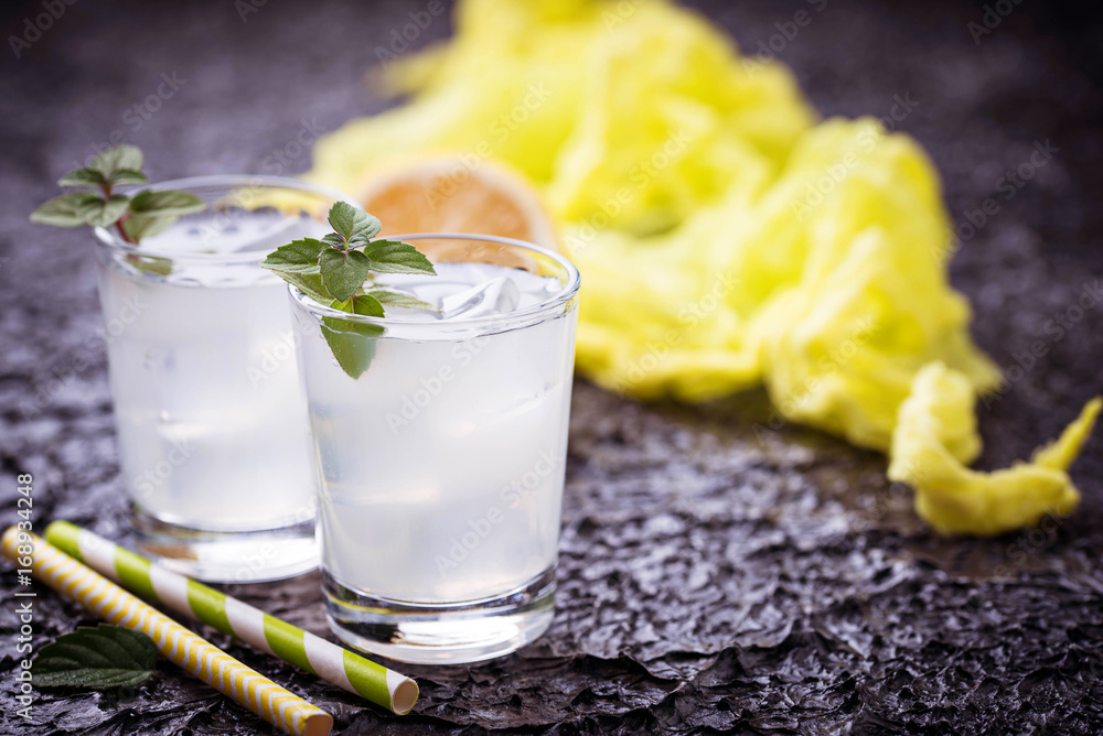 Cold drink with lemon and mint