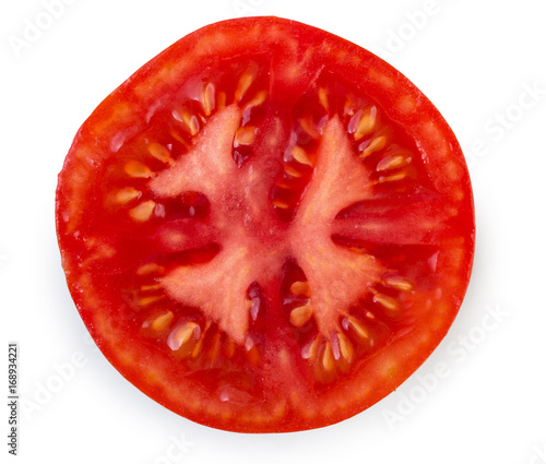 Half of fresh, ripe tomato isolated on white background, top view, close up.