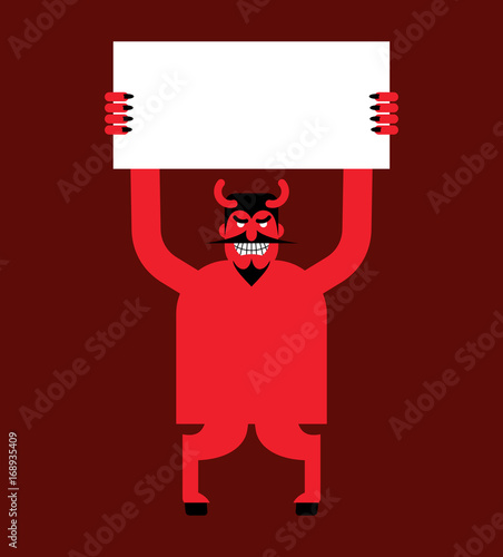 Red devil hand holding white sheet. Satan holds and signboard