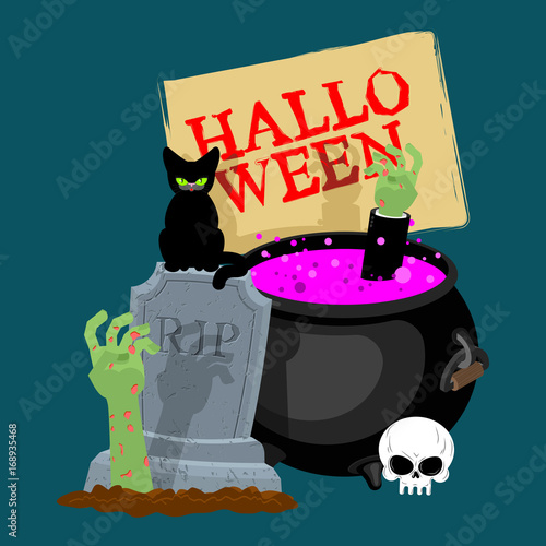 Halloween template. Pot with magical potion and hand of zombie. grave and arm green corpse. Illustration for terrible holiday