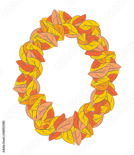 Autumn ellipse frame isolated. Yellow leaves background