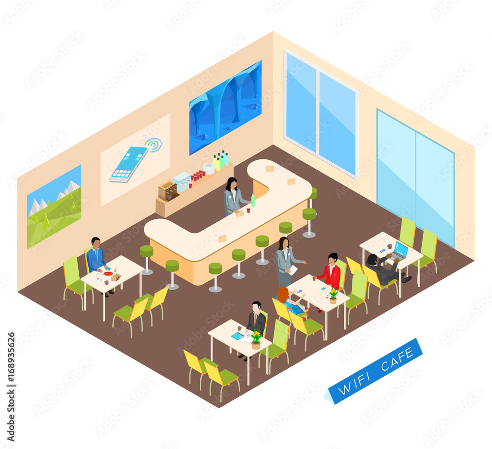 Wifi cafe in an isometric view. Girl waitress takes an order. Visitors dine and work on the Internet.