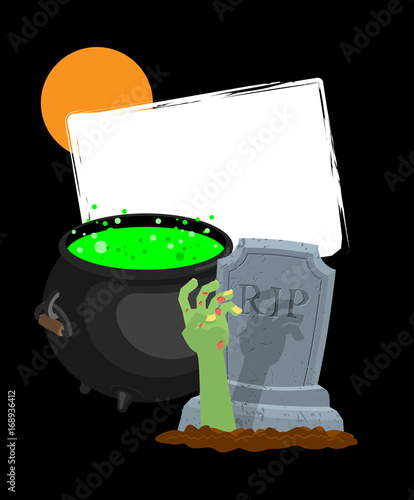 Halloween template. Pot with magical potion and hand of zombie. grave and arm green corpse. Illustration for terrible holiday