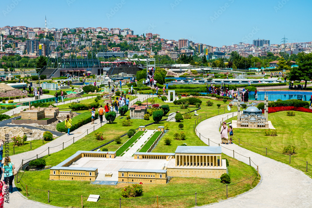 ISTANBUL, TURKEY - 12 JULY, 2017: Miniaturk is a miniature park in Istanbul, Turkey. The park contains 122 models. Panoramic view of Miniaturk