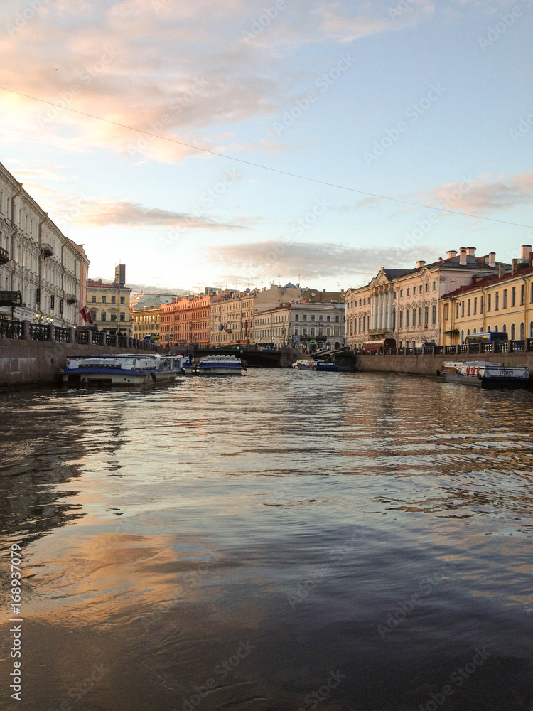 View of the Griboyedov Canal in the late evening during White Nights, Saint Petersburg, Russia