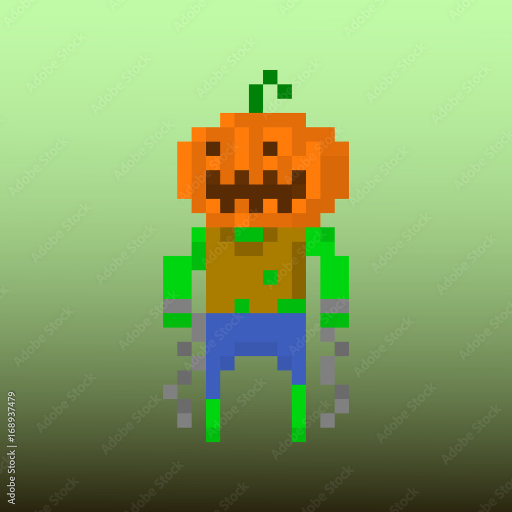 Fototapeta premium Pixel character monster with a pumpkin head for games and applications
