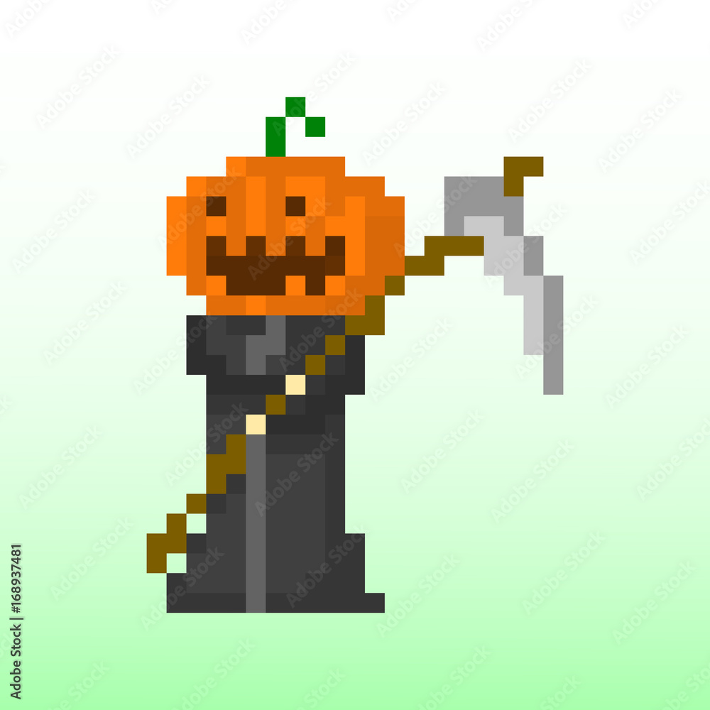 Pixel character death with a pumpkin head for games and applications Pixel character death with a pumpkin head for games and applications
