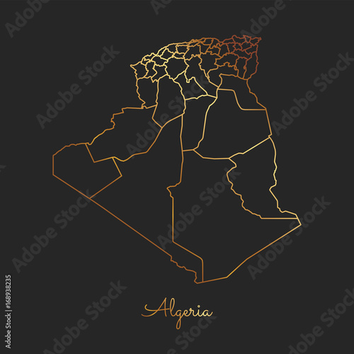 Algeria region map: golden gradient outline on dark background. Detailed map of Algeria regions. Vector illustration.