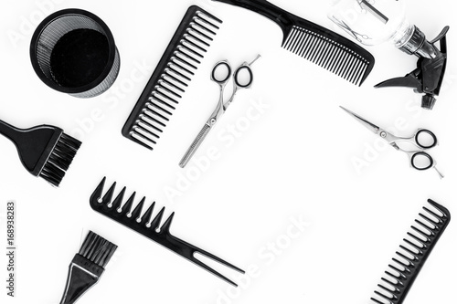 styling hair with combs and tools in barbershop on white background top view mock-up