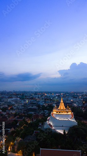  'Golden Mountain ' Wat Saket Ratcha Wora Maha Wihan popular Bangkok tourist attraction , Landmarks of bangkok Thailand . top view