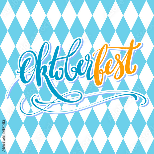Oktoberfest vector poster with traditional pattern. Hand lettering, brush pen calligraphy inscription for banners and logo design. Colorful blue, orange, yellow word Oktoberfest