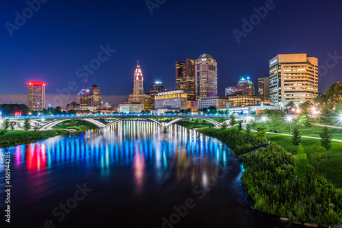 Skyline of Columbus, Ohio from Bicentennial Park bridge at Night