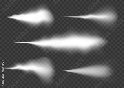 Water spray, mist and smoke effect set. White spray effect with dust on transparent background