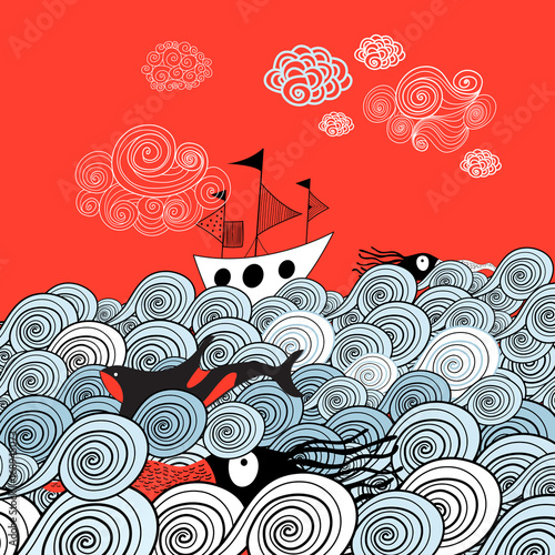 Marine graphics with ship and squid