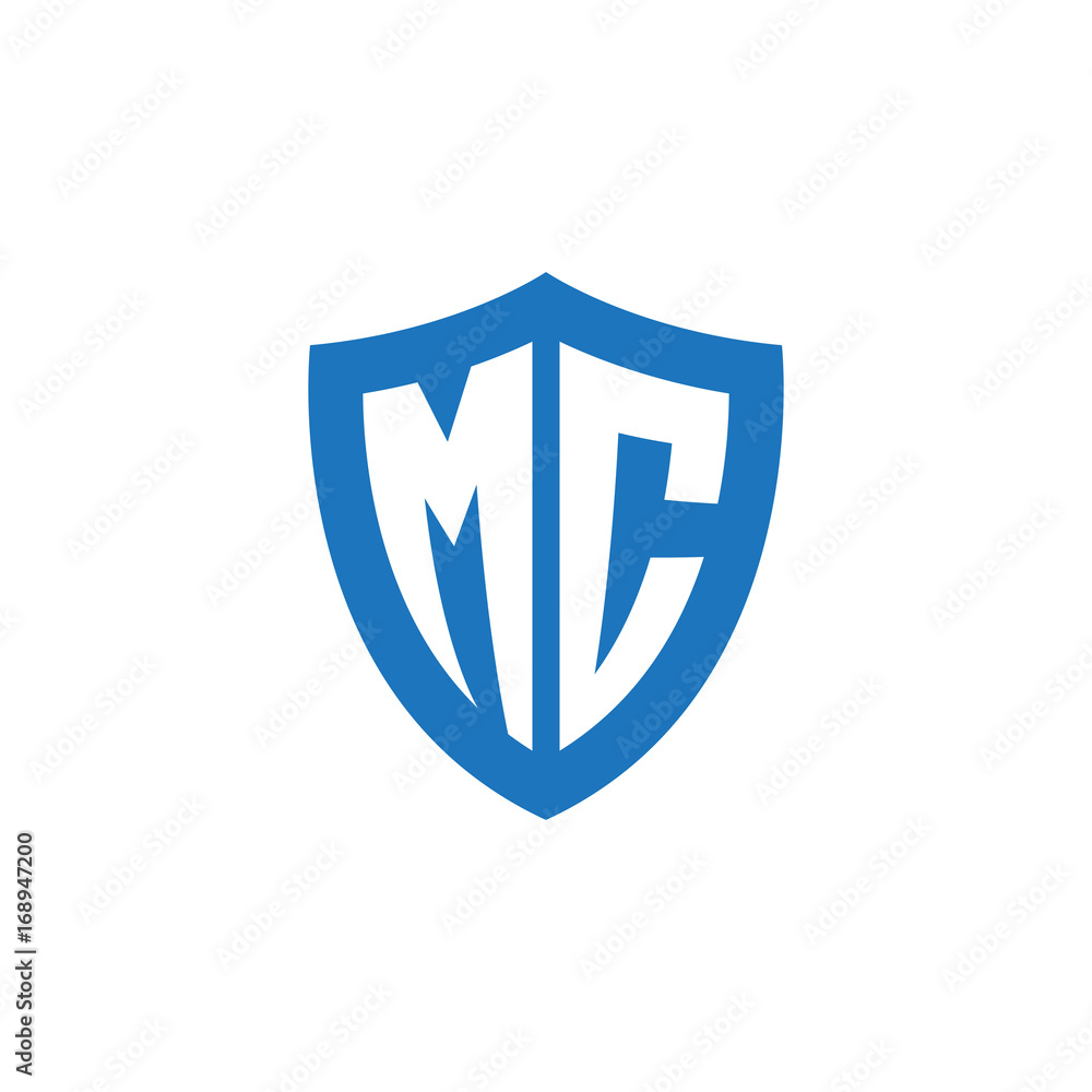 Initial letter MC, shield logo, modern blue color Initial letter MC, shield logo, modern blue color