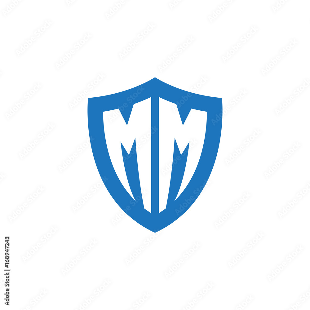 Initial letter MM, shield logo, modern blue color Initial letter MM, shield logo, modern blue color