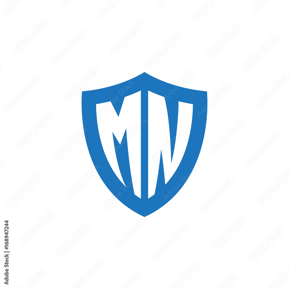 Initial letter MN, shield logo, modern blue color Initial letter MN, shield logo, modern blue color
