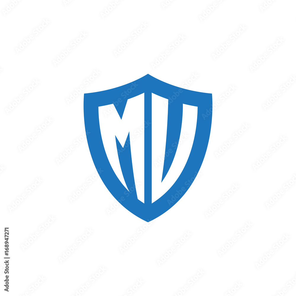 Initial letter MV, shield logo, modern blue color Initial letter MV, shield logo, modern blue color
