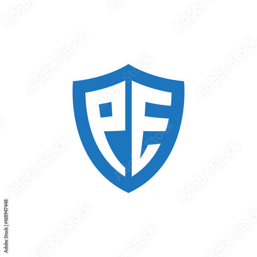 Initial letter PE, shield logo, modern blue color