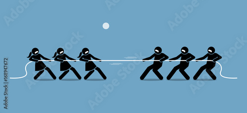 Man vs Woman in Tug of War. Illustration artwork depicts feminist, gender equality, strength, and power of male versus female.