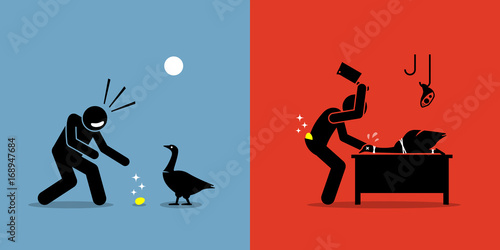 Man Killing a Golden Goose with a Gold Egg. Artwork illustrations depicts greed, stupidity, impatient, and fortune. 