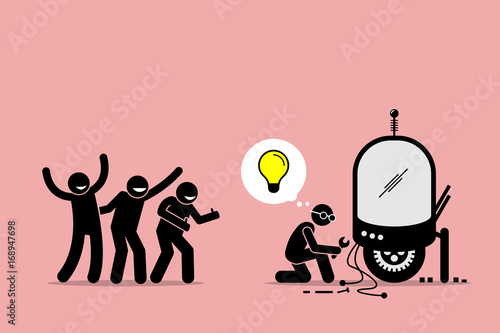 Fans Praising and Supporting an Inventor for Creating New Idea and Making New Thing. Artwork illustration depicts fanboys, supporters, followers, and inventor.
