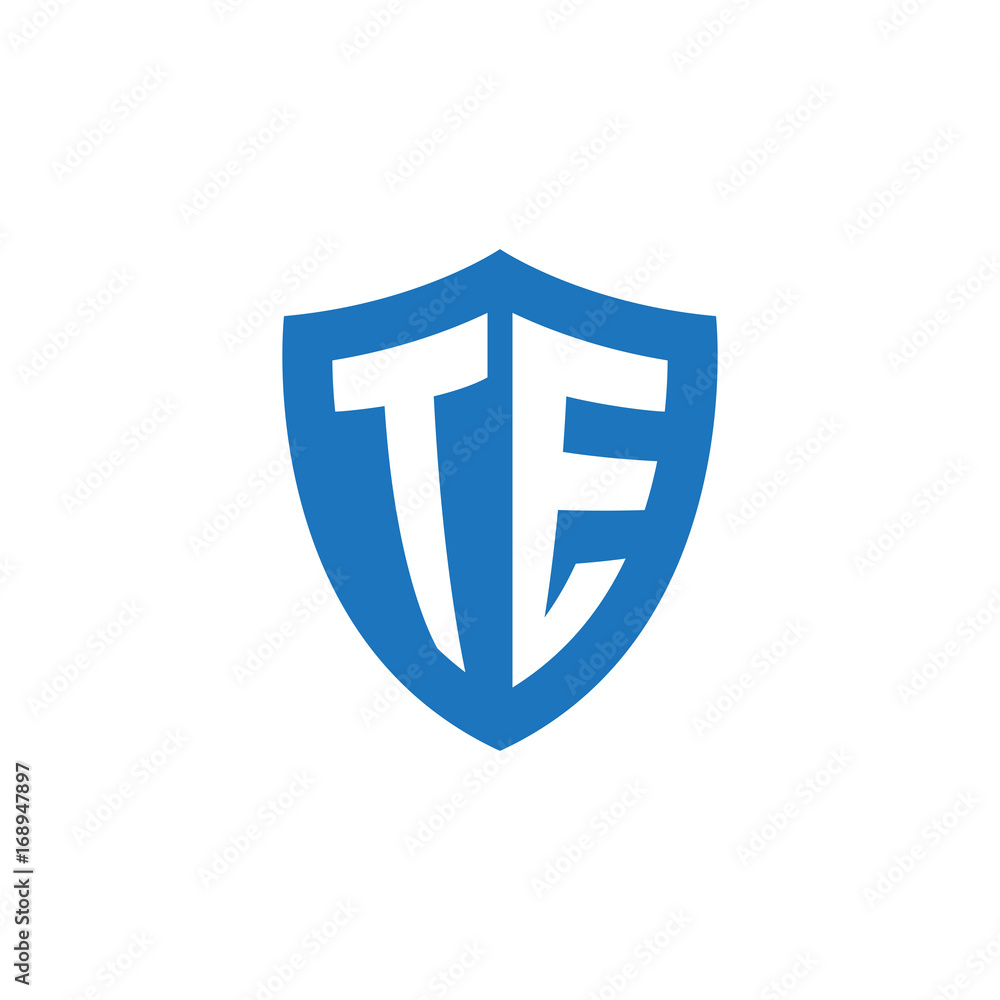 Initial letter TE, shield logo, modern blue color Initial letter TE, shield logo, modern blue color