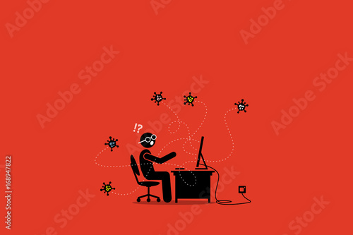 Computer virus infecting a desktop. Artwork illustration depicts computer malware, virus, cyber attack, and bugs.
