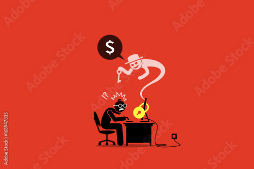 Ransomware locking a computer and asking for money. Artwork illustration depicts Internet ransomware, virus, security  breached and computer data locked by cyber syndicate criminal.