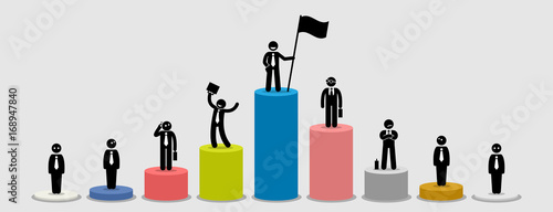 Many different businessman standing on bar charts comparing their financial status. Artwork illustration depicts market leader, big and small players, comparison and wealth in the business world. 