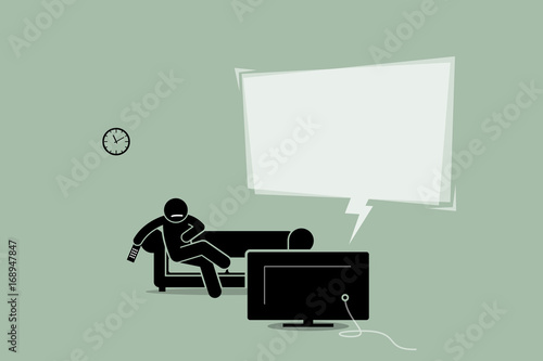Man watching TV and sitting on a sofa couch. Artwork illustration depicts a person listening to news and information, watching a movie, or simply a TV advertisement.