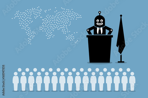 Robot president and artificial intelligent government controlling the country and world from human. Artwork depicts automation, human replacement, threat to mankind, and rise of the android. 