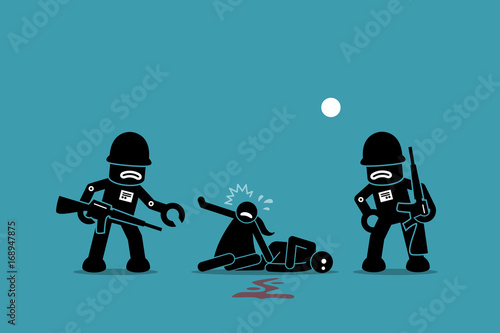 Robot soldiers conquering humanity.  Robotic terminator kills human with violence attack. Artwork illustrations depict war between robot and human, uprising, revolution, and evolution of AI.