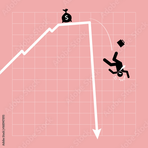 Businessman fall down from the chart as the graph goes nosedive in a sudden. Vector artwork depicts financial crisis, lost of investment, and economic failure. photo