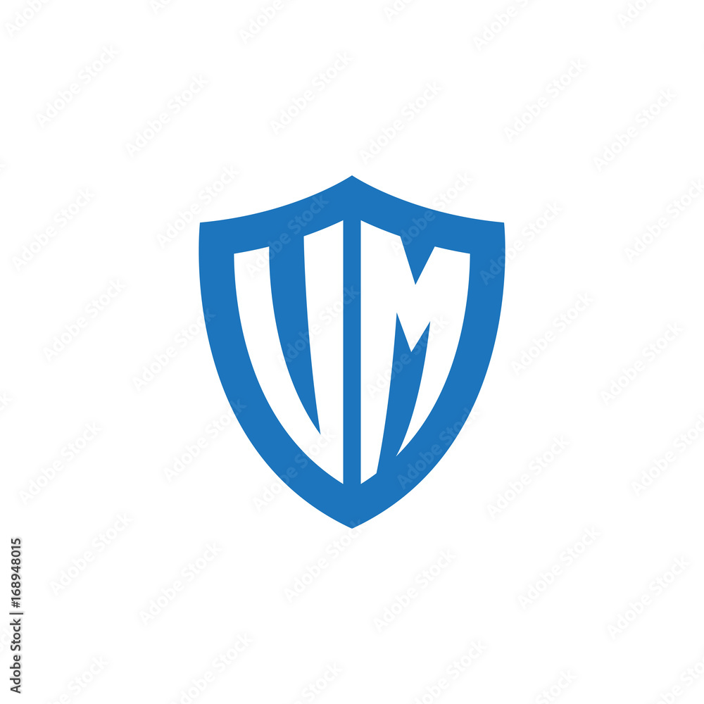 Initial letter UM, VM, shield logo, modern blue color Initial letter UM, VM, shield logo, modern blue color