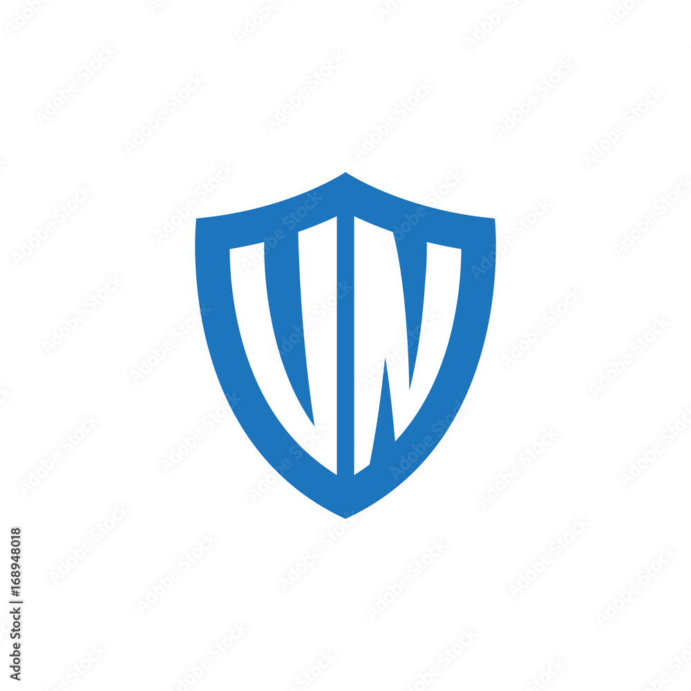 Initial letter UN, VN, shield logo, modern blue color Initial letter UN, VN, shield logo, modern blue color
