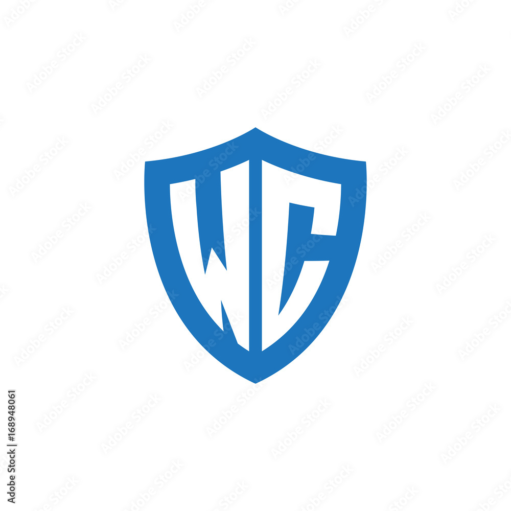 Initial letter WC, shield logo, modern blue color Initial letter WC, shield logo, modern blue color