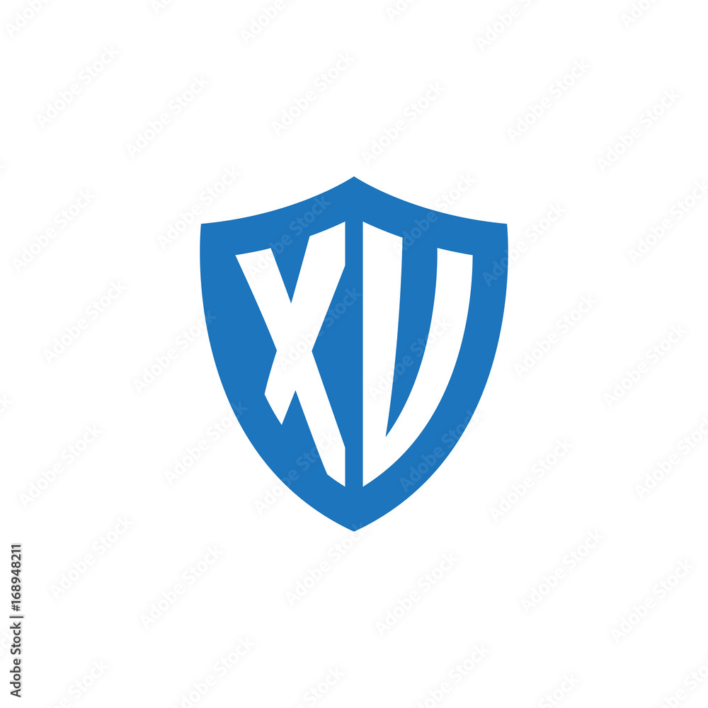 Initial letter XU, XV, shield logo, modern blue color Initial letter XU, XV, shield logo, modern blue color