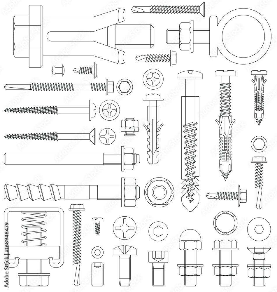 Outline diagram of various fixings including screws bolts nuts washers rivets - obrazy, fototapety, plakaty 