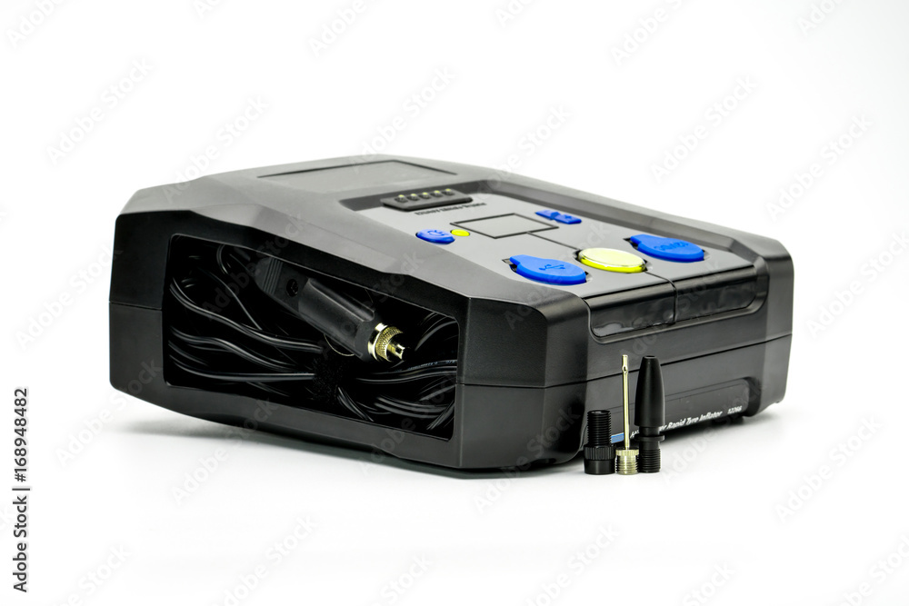 Emergency tire inflator isolated on white background with copy space Emergency tire inflator isolated on white background with copy space