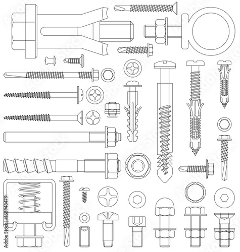 Outline diagram of various fixings including screws bolts nuts washers rivets