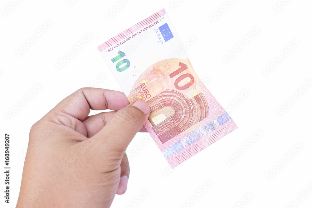 Hand holding ten euro note, isolated on a white background Hand holding ten euro note, isolated on a white background