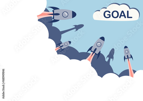 start up business concept, flat design, startup with idea, make money with idea, competition and goal.